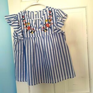 Blue Striped Women’s Top with Floral Embroidery